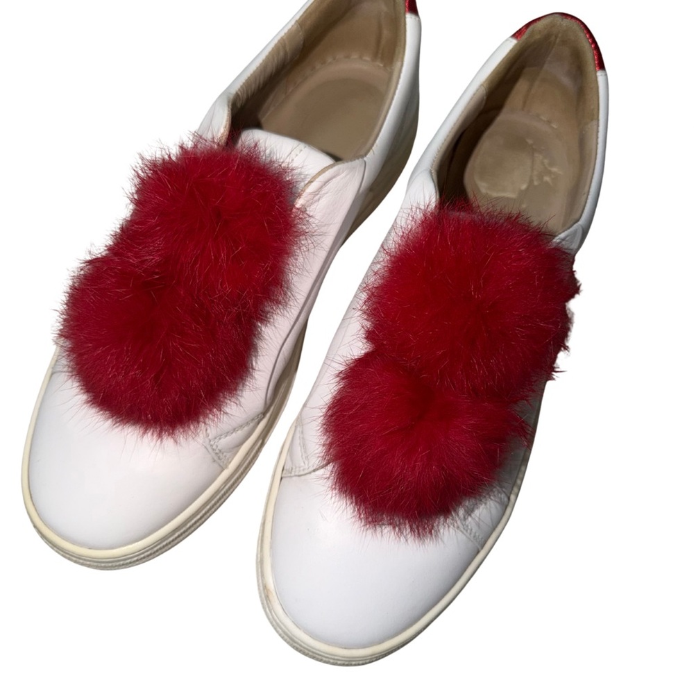 White Sneakers with Red Fur Accents